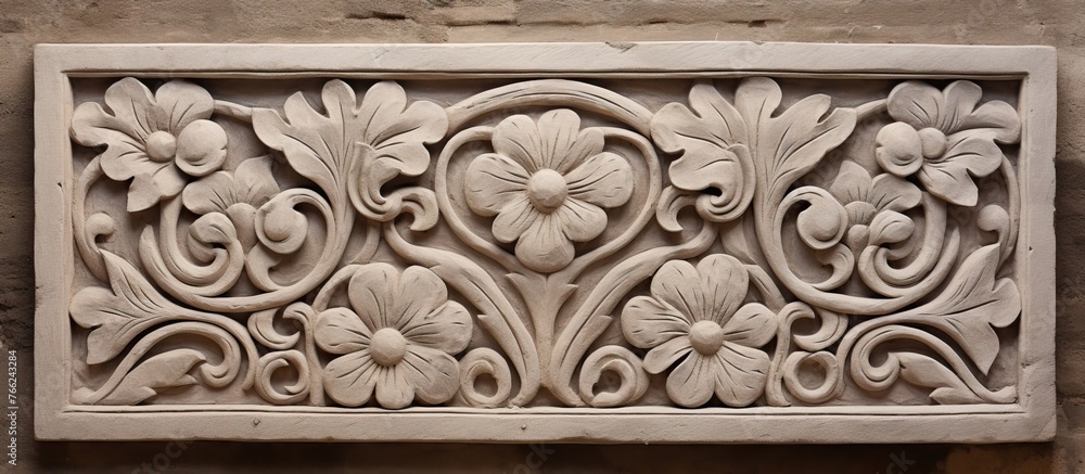 A sculpture of flowers and leaves carved onto a rectangular wooden artifact, adorning a wall with intricate patterns and symmetrical designs A sculpture of flowers and leaves carved onto a rectangular wooden artifact, adorning a wall with intricate patterns and symmetrical designs