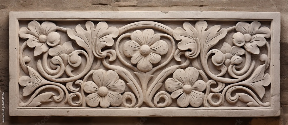 A sculpture of flowers and leaves carved onto a rectangular wooden artifact, adorning a wall with intricate patterns and symmetrical designs