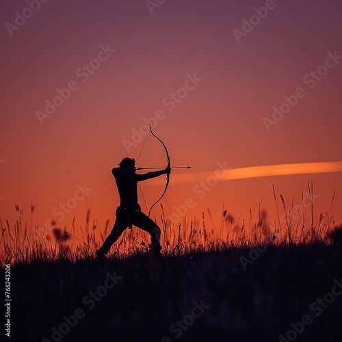 Hunter releasing a silent arrow at twilight, normal angle shot, the sky painted in hues of orange and purple