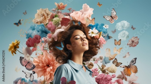 Woman Surrounded by Butterflies and Flowers