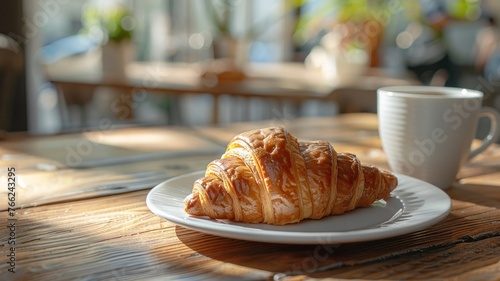 Morning coffee and croissant on a rustic wood table with soft lighting
