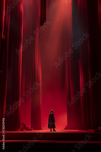 Dark red background, minimalist stage design style