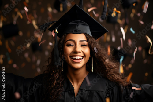 Young female graduate in graduation cap smiling against confetti background