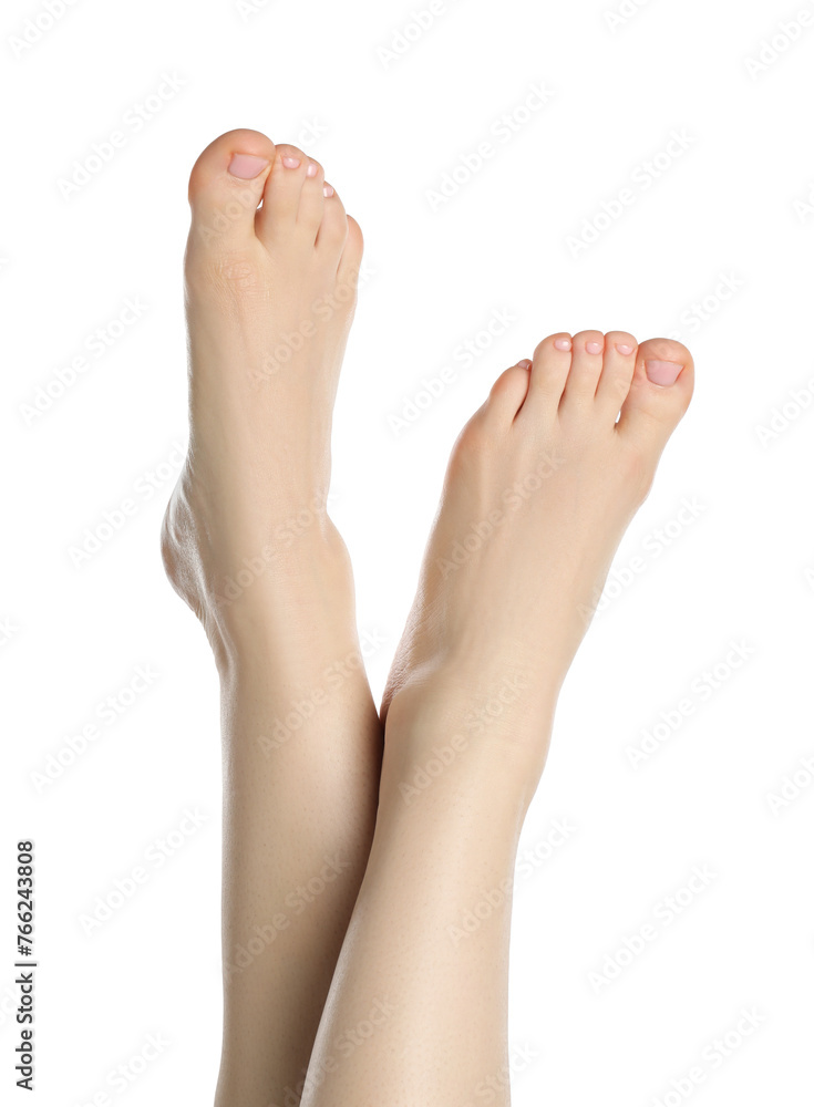 Woman with beautiful legs isolated on white, closeup Woman with beautiful legs isolated on white, closeup