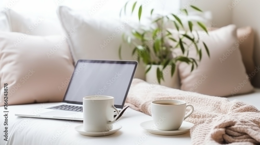 Laptop Computer and Cup of Coffee on Bed Laptop Computer and Cup of Coffee on Bed
