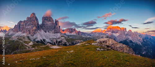 Famous rocky massif Tre Cime di Lavaredo. Italian Alps, South Tyrol, Europe.