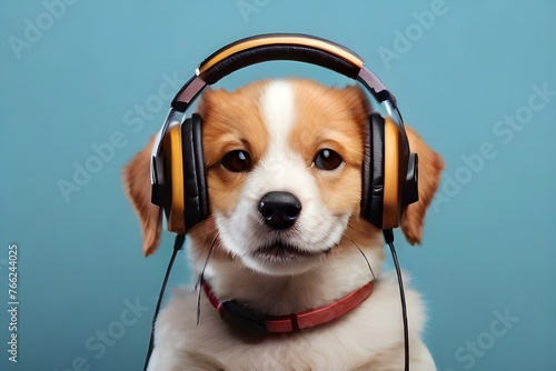 Funny dog with headphones on a color background. Generative AI © Mirza