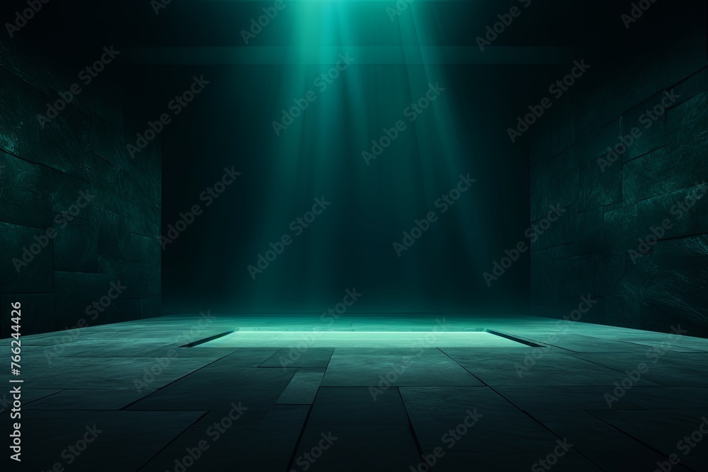 Dark turquoise background, minimalist stage design style