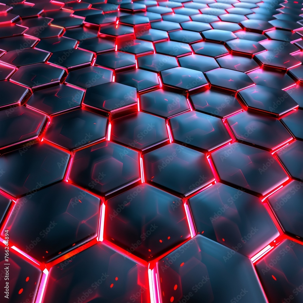 Neon Hexagon Background with Red Accents
