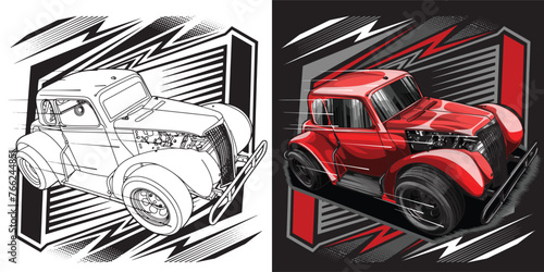 Outline and painted racing car. Isolated in black background, for t-shirt design, print and for business purposes.