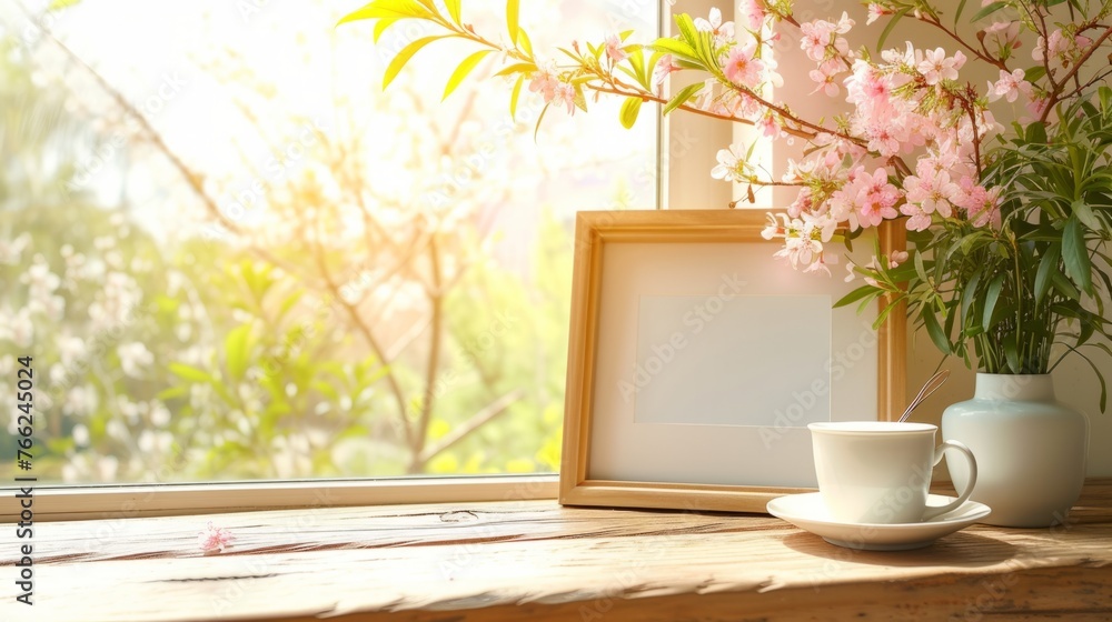 A mock-up of a blank menu or order card on a table with a tasteful tea set in a tranquil setting with soft sunlight. A mock-up of a blank menu or order card on a table with a tasteful tea set in a tranquil setting with soft sunlight.