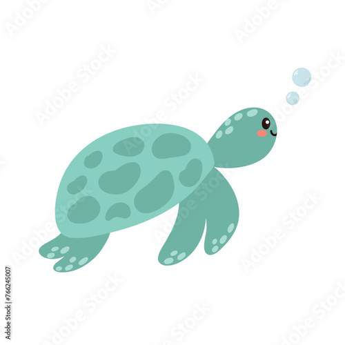 ute green turtle with hand drawn sea life elements. Sea animals. Vector doodle cartoon turtle of marine life objects for your design.