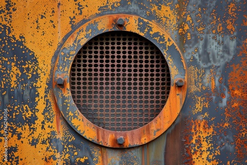 Rustic Metal Background with Circular Holes and Textured Rust Spots