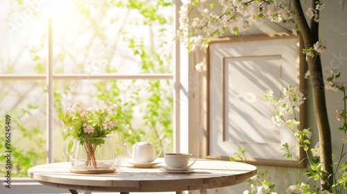 A mock-up of a blank menu or order card on a table with a tasteful tea set in a tranquil setting with soft sunlight. photo