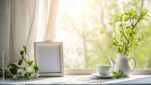 A mock-up of a blank menu or order card on a table with a tasteful tea set in a tranquil setting with soft sunlight. photo