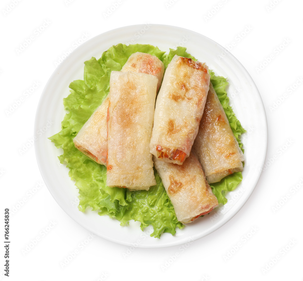 Delicious fried spring rolls isolated on white, top view