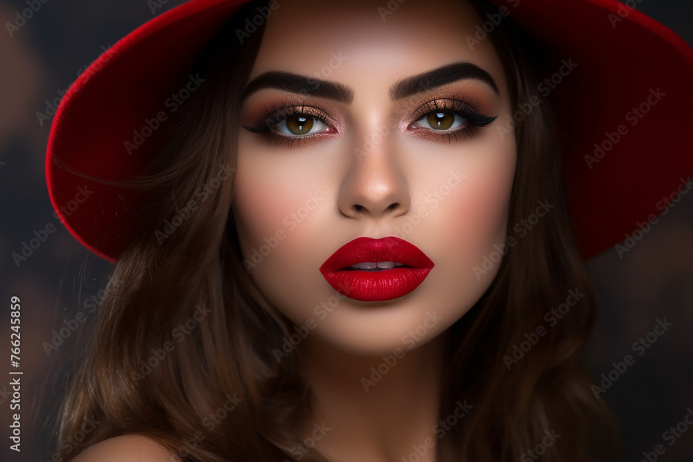 Woman with bold makeup wearing a red hat Woman with bold makeup wearing a red hat