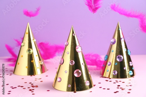 Golden party hats with bright rhinestones, confetti and feathers on color background