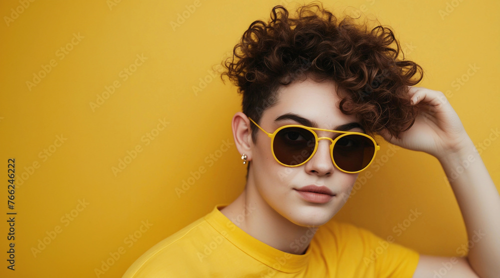 Non binary young adult in vibrant yellow background with yellow shirt and sunglasses as expression of individuality and fashion Non binary young adult in vibrant yellow background with yellow shirt and sunglasses as expression of individuality and fashion