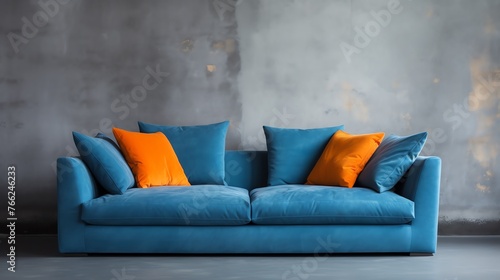 a blue couch with orange pillows