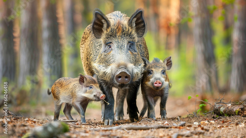 wild boar with children in the forest