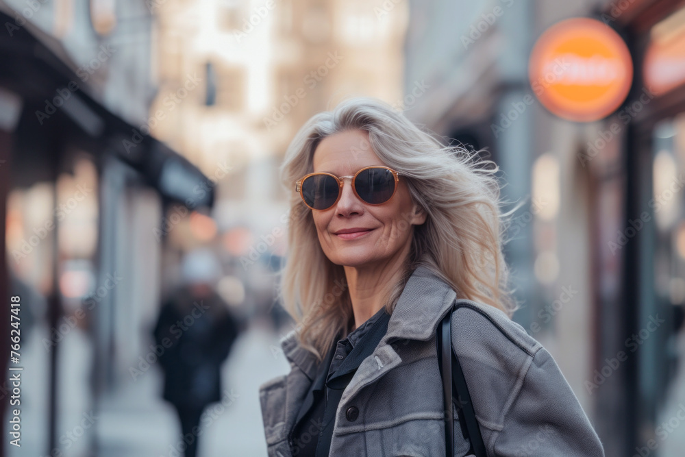 Mature middle-aged woman with blonde hair wearing sunglasses walking down a city street smiling at the camera
