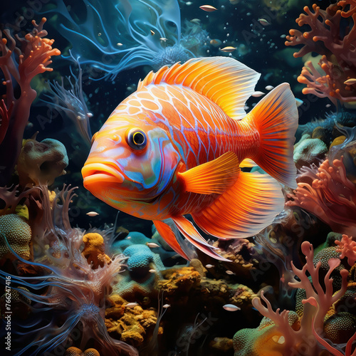 Explore the colorful depths of the ocean with this captivating scene of a rock beauty fish swimming gracefully amidst vibrant coral reefs. AI generative