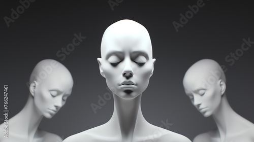 a white mannequin with several heads