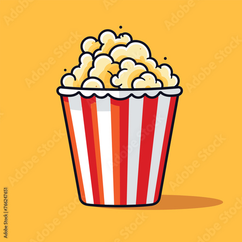 A full popcorn bucket with red and white stripes, overflowing with popcorn on an orange background.