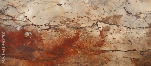 A closeup of a cracked hardwood wall with a red stain on it resembling a landscape art piece. The pattern looks like soil under a big tree