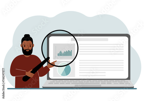 A man shows a report, a presentation on a laptop with a magnifying glass vector illustration. Financial business analysis, audit, planning concept.