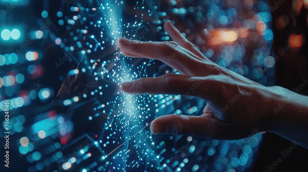 Data Science Stock Big data technology and data science with person touching data flowing ...