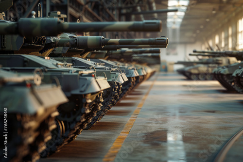 Tanks stand in a row in a large hangar waiting to be transported to war, selective focus with space for text or inscriptions. theme of war and conflict 