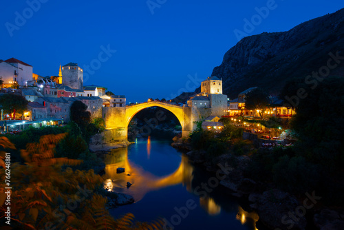 Mostar, Bosnia and Herzegovina. The Old Bridge, Stari Most, with emerald river Neretva.