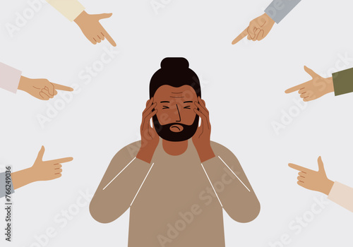 The concept of public condemnation, victim blaming and bullying. Crying depressed man. The fingers point at the character and hate him. Internet cyberbullying. Vector flat illustration