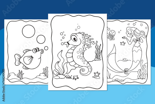 Cute Three Coloring Pages With Mermaid, Fish, And Seahorse. Coloring Page For Kids Black And White Illustration.