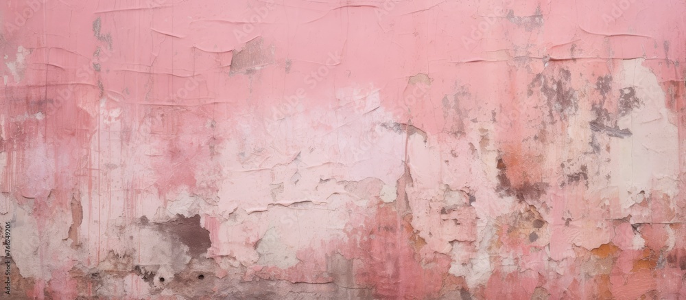 A detailed shot of a weathered pink wall showcasing peeling paint, resembling a piece of art in a natural landscape with wood flooring