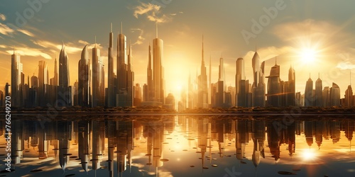 a city skyline with a body of water