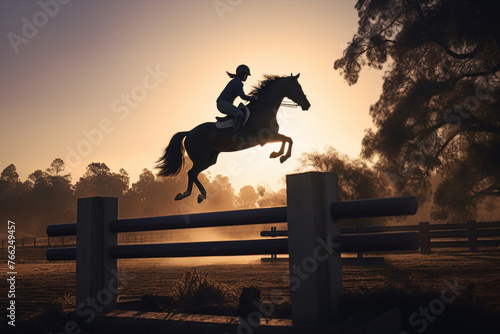 Rider in helmet jumps horse over hurdle in riding equestrian sport