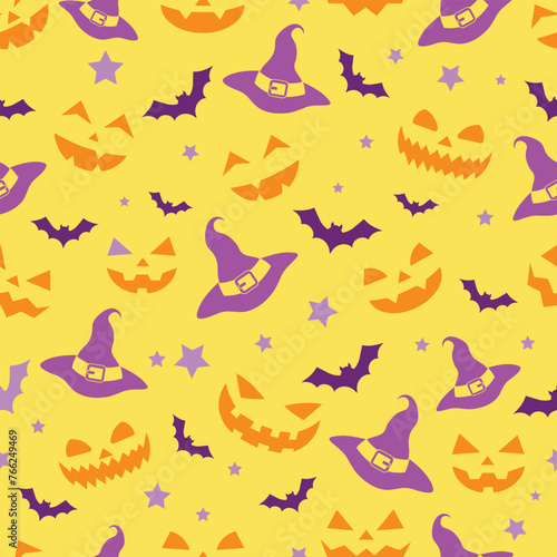 Vector seamless pattern of emotions of pumpkins, witch hats, bats and stars silhouette texture on a yellow background, repeatable wallpaper on orange background Scary repeatable halloween texture