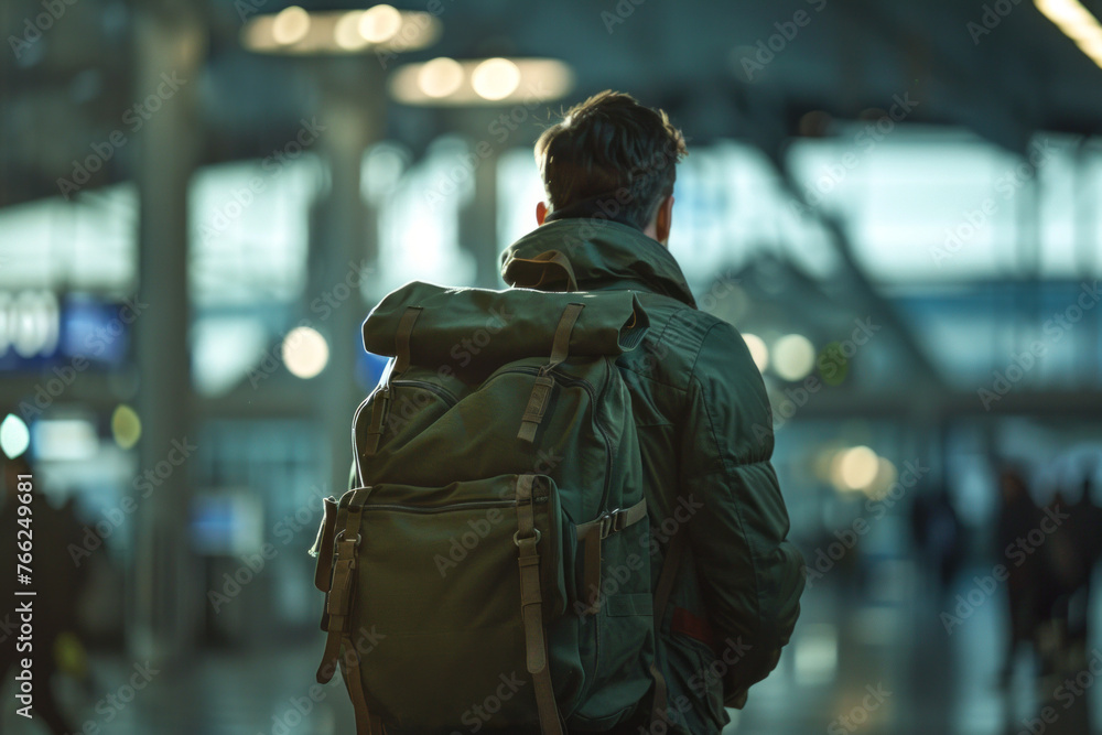 Man with a backpack at the airport or railway station back view, copy space text Man with a backpack at the airport or railway station back view, copy space text