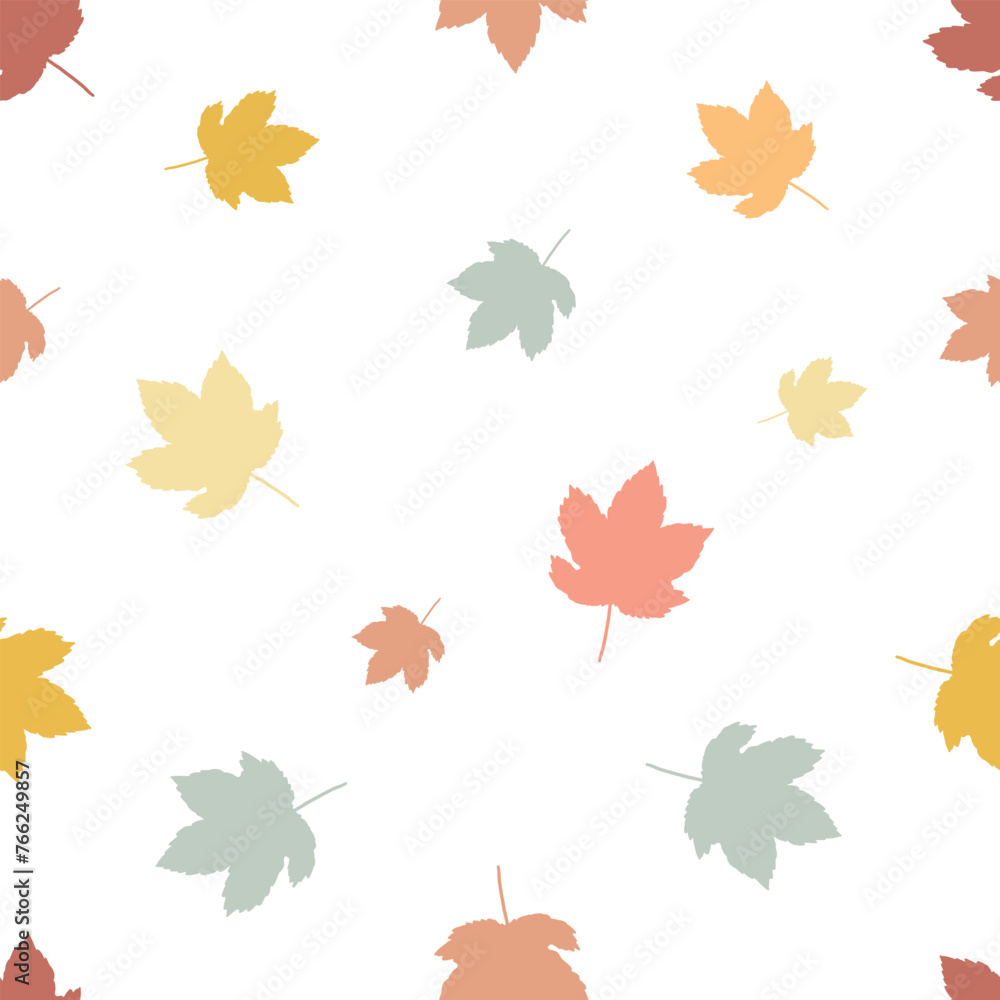 Cute Colorful Autumn Leaves Texture Design. Printable and Repeatable Seamless pattern for wallpaper, Wrapping Paper and Fabric Textile Prints. Autumn silhouette leaves texture on white background.
