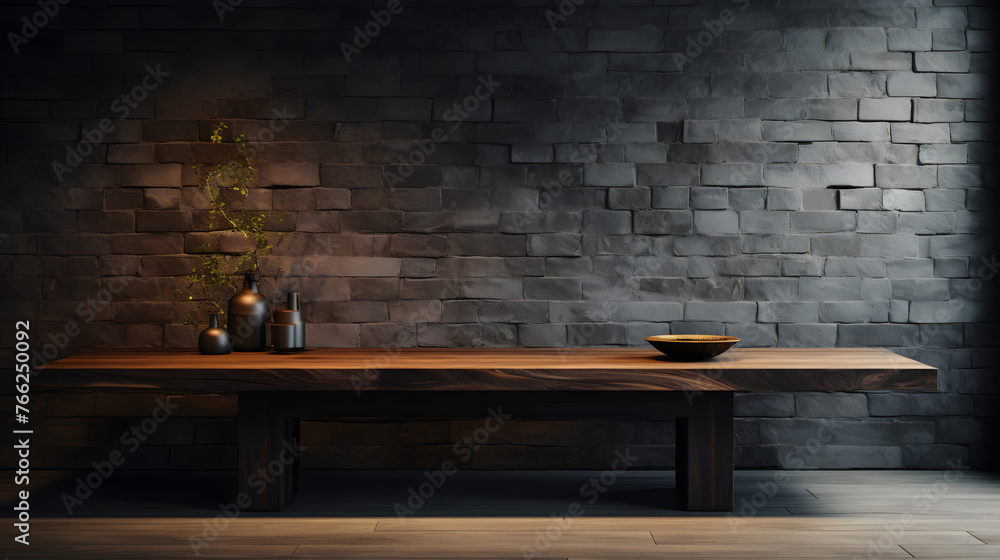 a wooden table with dark brick wall behind it a wooden table with dark brick wall behind it