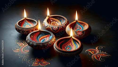 Beautiful illustration of beautiful decorated clay diyas on a dark background for puthandu celebration.