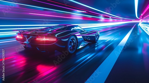 High-speed futuristic sports car racing on a neon-lit highway