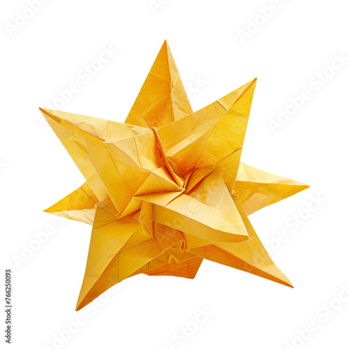 Profile view of an origami star made of yellow handmade paper isolated on a white transparent background