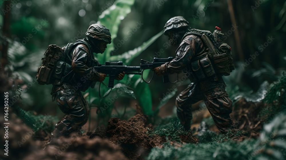 action figures fighting off in the jungle environment