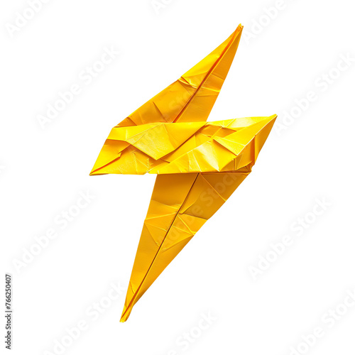Profile view of an origami lightning bolt made of yellow handmade paper isolated on a white transparent background