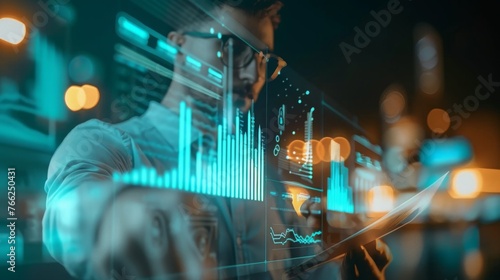 Businessman investment consultant analyzing company financial report balance statement working with digital augmented reality graphics. Concept for business, economy and marketing