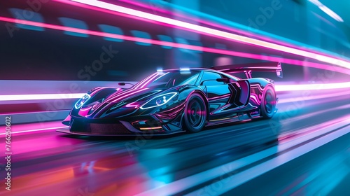 High-speed futuristic sports car racing on a neon-lit highway